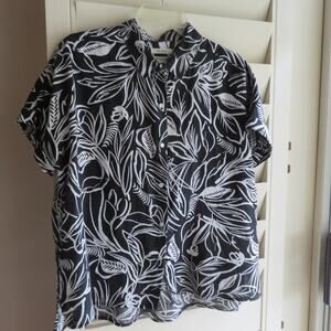 Christian Siriano 100% Linen White Flowers on Black Print Women’s Blouse L